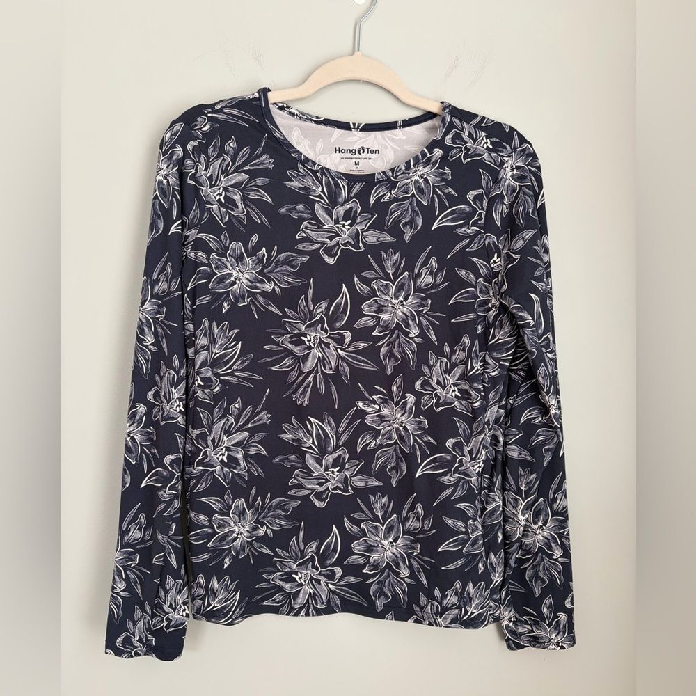 Hang Ten Rashguard Long Sleeve T Shirt Medium UPF 50+ Navy White NWT Beach Sun